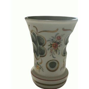 Centa Ottiger White & Green Cut-To-Clear Glass Vase W/ Floral Accents Vintage